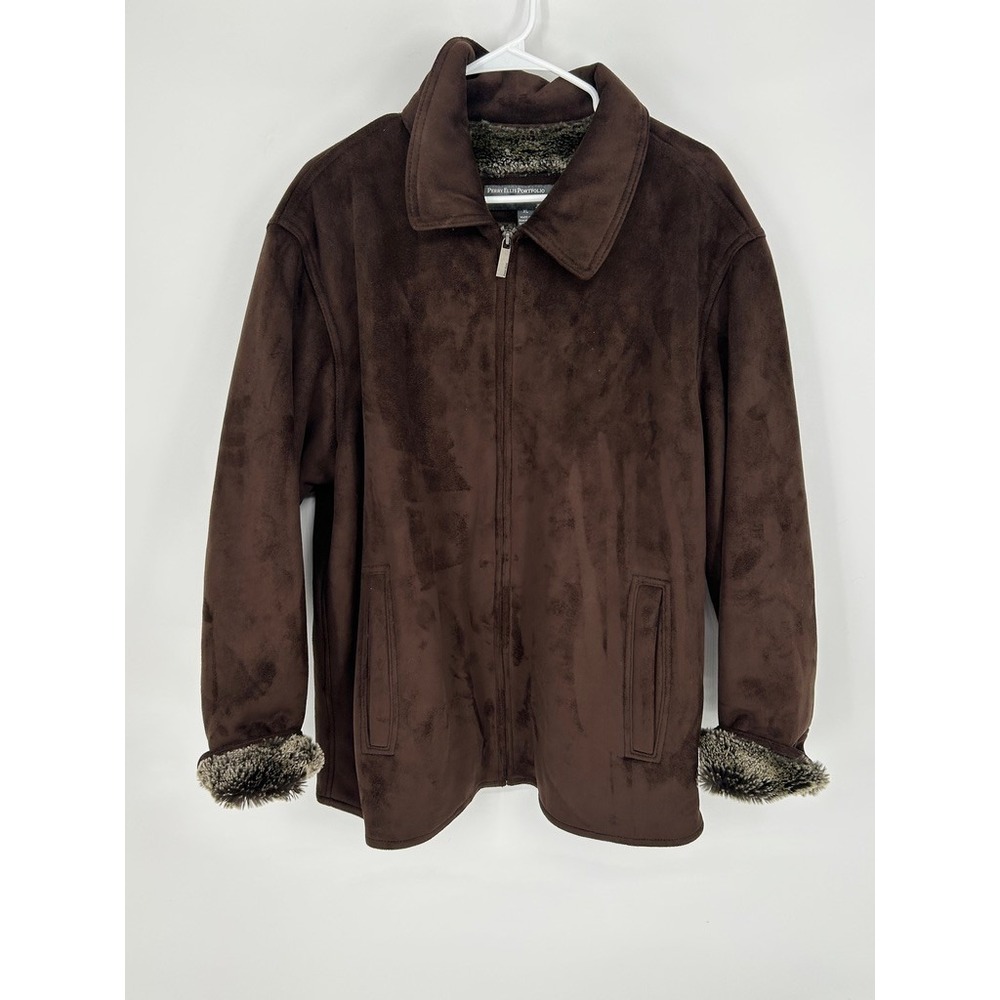 Perry Ellis Portfolio Men XL Brown Faux Suede Sherpa Lined Jacket Rustic Western